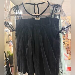 POL Black Sheer Overlay top with Ruffled Bodice small boho